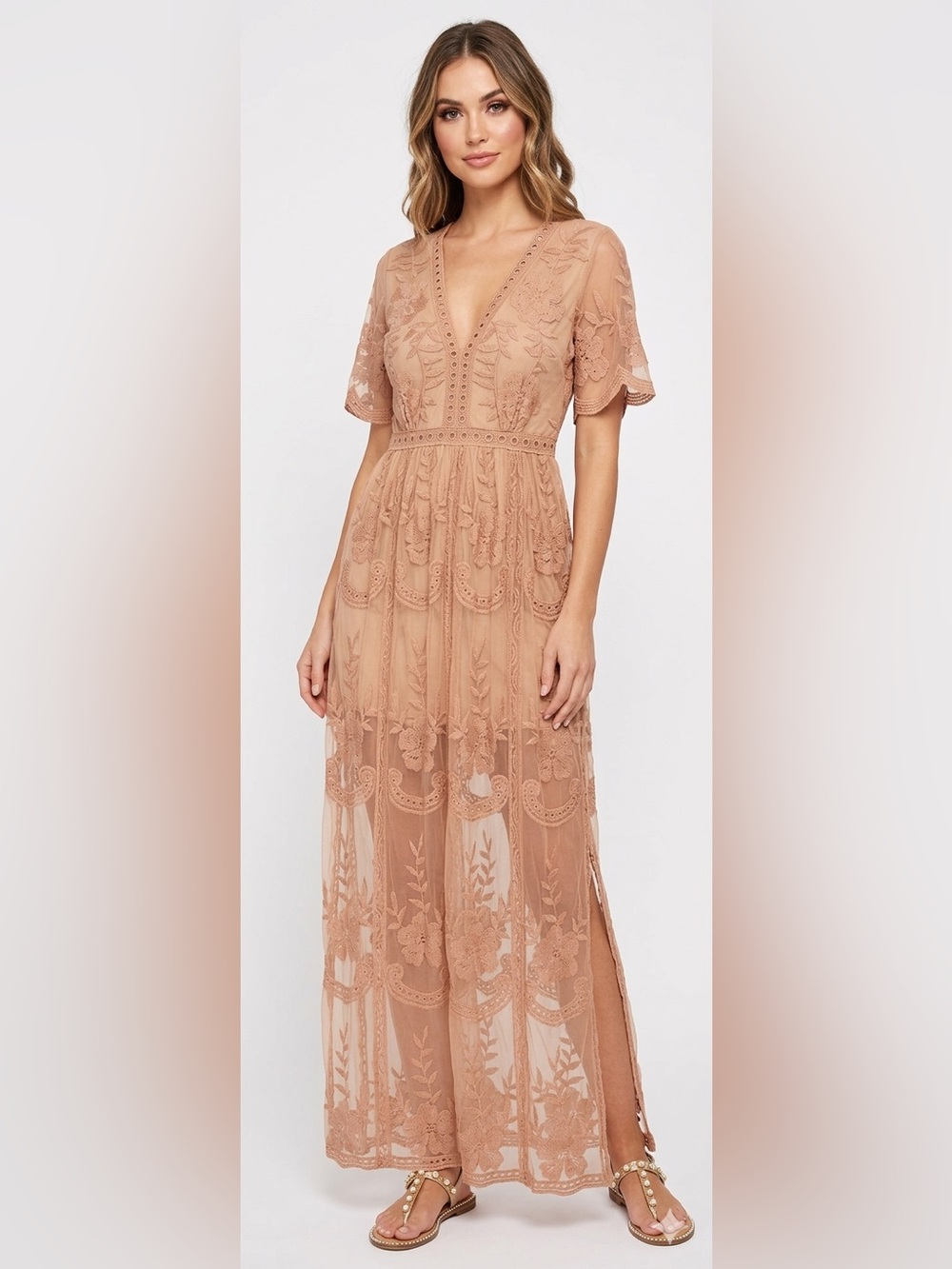 POL Boho Embroidered V-Neck Maxi Romper Mauve color (Sz M/L)